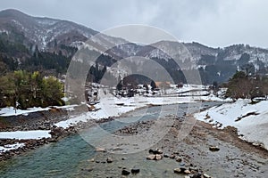 The view of landscape shirakawago river in winter