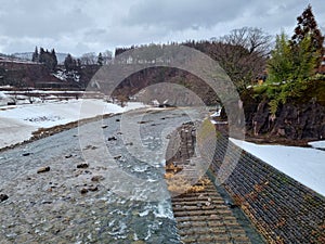 The view of landscape shirakawago river in winter