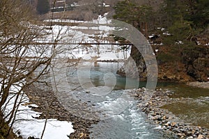 The view of landscape shirakawago river in winter