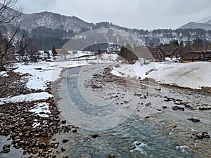 The view of landscape shirakawago river in winter