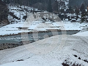 The view of landscape shirakawago river in winter