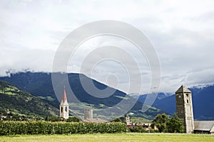 View landscape of Silandro city of countryside Malles Venosta village, Italy
