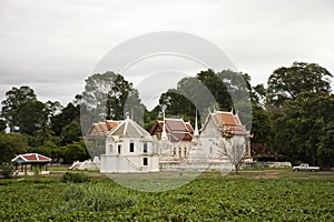 View landscape of Wat Uposatharam or Bot temple for thai people and foreign travelers travel visit praying respect and Sakae Krang