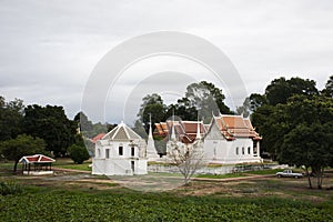 View landscape of Wat Uposatharam or Bot temple for thai people and foreign travelers travel visit praying respect and Sakae Krang