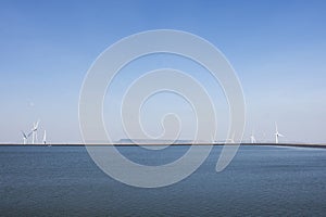 View landscape water lake of dam catchment with Khao Yai Thiang Windmill largest wind turbine for thai people travelers travel