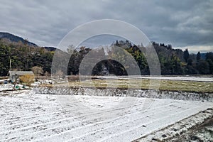 View of landscape Yufuin village in the winter after snow fall