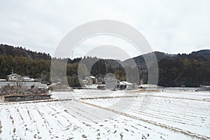 View of landscape Yufuin village in the winter after snow fall