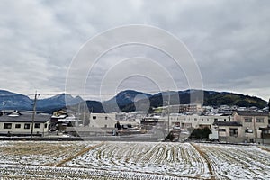 View of landscape Yufuin village in the winter after snow fall