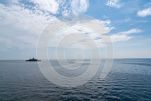 View of the Langeland Ferry crossing the open ocean from Langeland Island to Lolland Island in Denmark