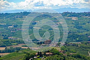 View of the Langhe hills with the Castle of Grinzane Cavour