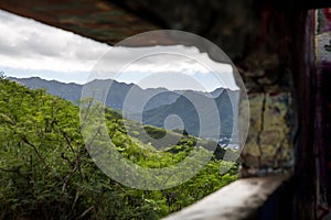 View of Lanikai from inside the Pillbox top of the hiking trail