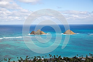 View of Lanikai from the Pillbox hiking trail Kailua Hawaii in D