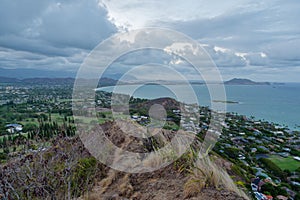 View from the Lanikai Pillbox hiking trail of the Lanikai Beach, Oahu, Hawaii, USA.