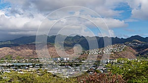 View from the Lanikai Pillbox hiking trail to the town of Kailua and Koolau mountains, Oahu, Hawaii.