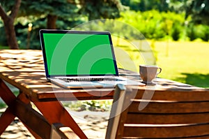 View on a laptop pc with a green screen and a coffee mug on a table in the garden