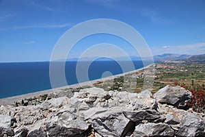 View of the large beach and coast line of Diamante, Diamante, District of Cosenza, Calabria, Italy