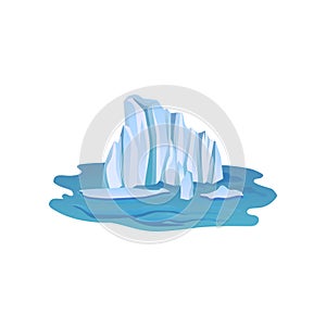 View on large blue iceberg floating freely in open water. Arctic landscape element for mobile game. Flat vector design