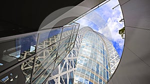 View of large office buildings with glass panel facades and modern architecture