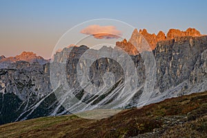 View at the Lastoni of Formin during the sunset at the Giau pass in the dolomites