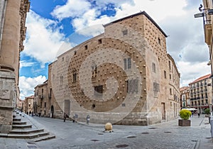 View at the later gothic facade building shell house, Casa de las Conchas, a historical building on Salamanca downtown photo