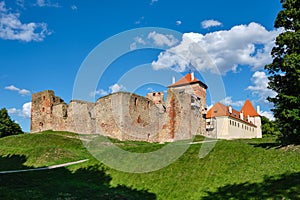 View of Latvian tourist landmark attraction - ruins of old medieval Bauska castle and the remains of a later palace. Bauska,