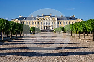 View of Latvian tourist landmark attraction - Rundale palace and beautiful park in summer, Pilsrundale, Latvia