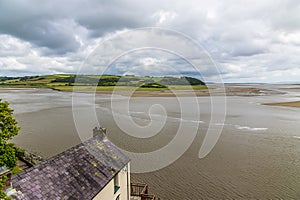 A view from Laugharne over the mouth of the Taf estuary at low tide in Pembrokeshire, South Wales