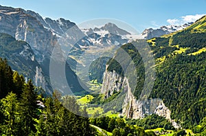 View of the Lauterbrunnen valley in Swiss Alps