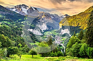 View of the Lauterbrunnen valley in Swiss Alps