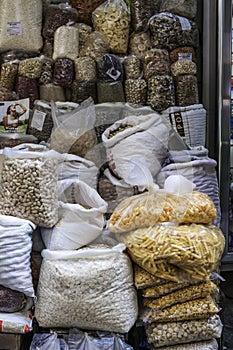 View of a lavish stall with nuts, pasta and spices