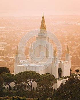 View of the LDS Temple at sunset in Oakland, California