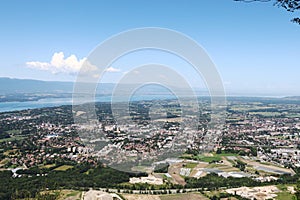 View from Le Saleve mountain upon Rhone river near Geneva Lake, France