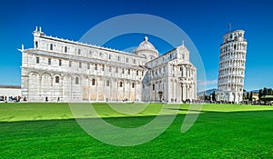 View of the Leaning Tower and the Cathedral of Pisa Campo dei Miracoli, Tuscany, Italy