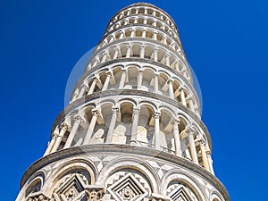 View of the Leaning Tower of Pisa from below