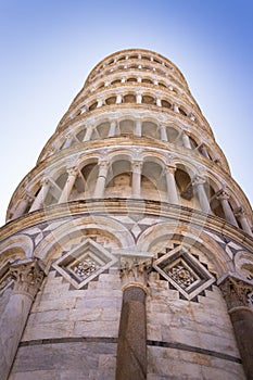 View of the leaning Tower of Pisa, Piazza dei Miracoli, Piazza del Duomo, in the city of Pisa