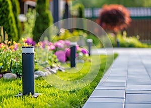 View of led lighting solar lamp in daytime in a green garden.