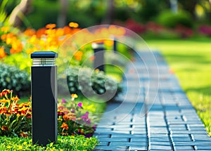 View of led lighting solar lamp in daytime in a green garden.