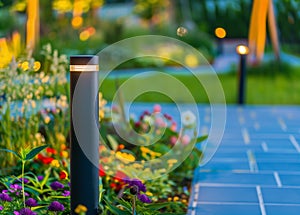 View of led lighting solar lamp in daytime in a green garden.