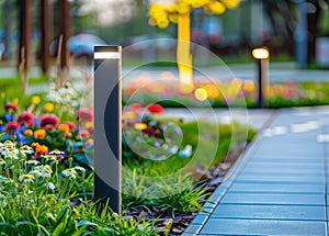 View of led lighting solar lamp in daytime in a green garden.