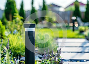 View of led lighting solar lamp in daytime in a green garden.