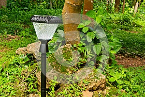 View of led lighting solar lamp turn on in daytime