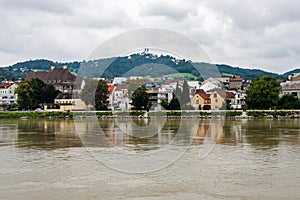 A view on the left bank of Danube in Linz near Nibelungenbrucke