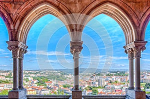 View of Leiria through arcade of the local castle, Portugal