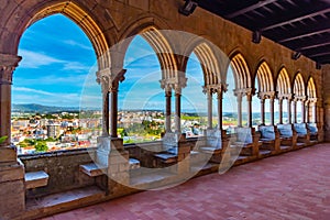 View of Leiria through arcade of the local castle, Portugal