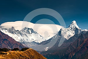 View of Lhotse peak and Ama Dablam peak in Himalayas, Nepal
