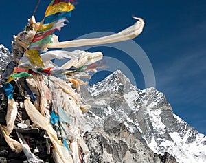 View of Lhotse peak with prayer flags