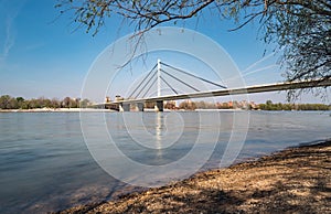 View of Liberty bridge in Novi Sad, Serbia with Danube river and city beach Strand in the early springtime with blue water and sky