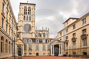 View at the Library courtyard and Bell tower of Cathedral of Saint John the Baptist in the streets of Lyon - France