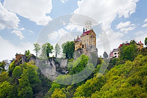 View of the Lichtenstein castle on cliff, Germany