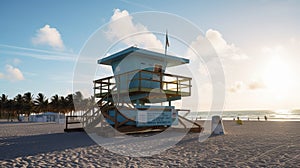 View of lifeguard tower and palm trees